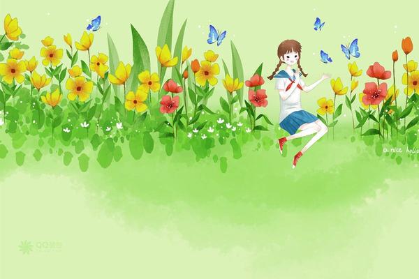 夏天花丛中嬉戏蝴蝶的女孩PPT背景图片