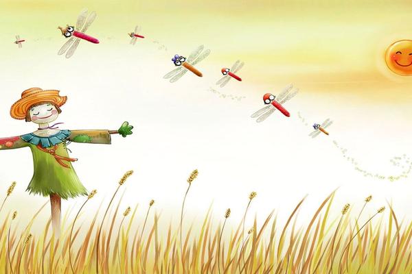 麦田里观看蜻蜓的稻草人卡通PPT背景图片
