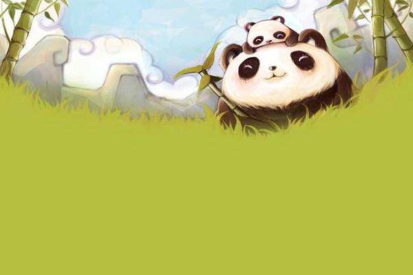 绿色竹林里的大熊猫和小熊猫PPT背景图片