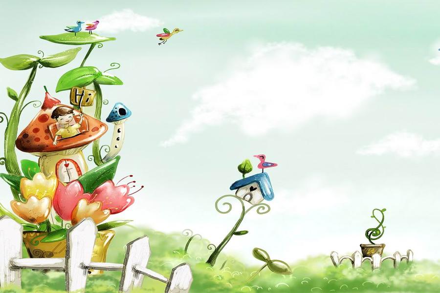 蘑菇房子卡通PPT背景图片