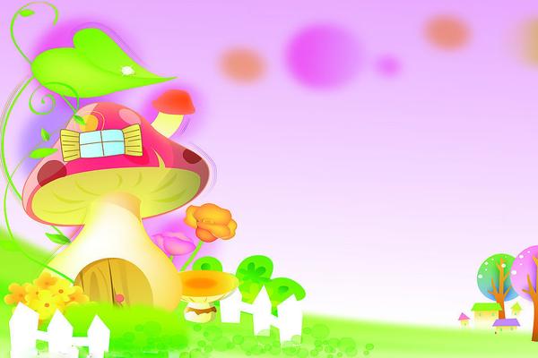 彩色唯美卡通蘑菇房子PPT背景图片
