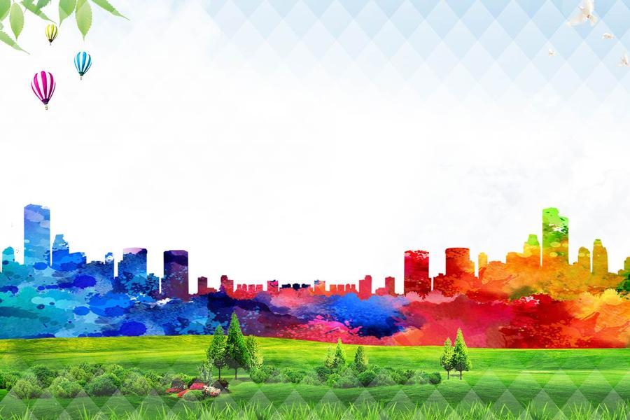 彩色渲染城市剪影PPT背景图片