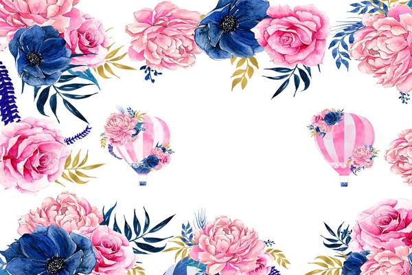 蓝粉搭配的艺术花卉PPT背景图片