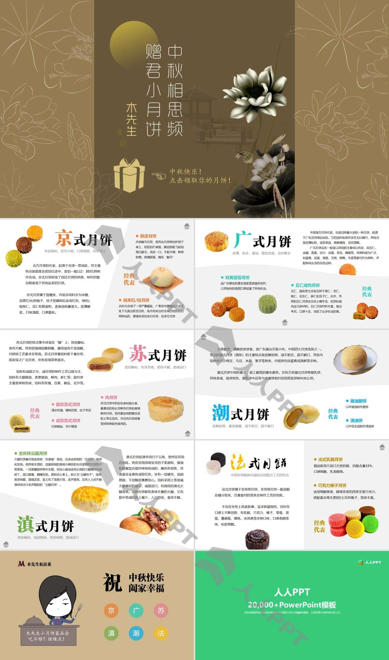 中秋节各式月饼介绍精美素雅中国风PPT模板长图