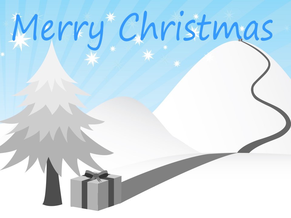 圣诞礼物从雪山顶滑下来动画――圣诞节祝福贺卡PPT模板