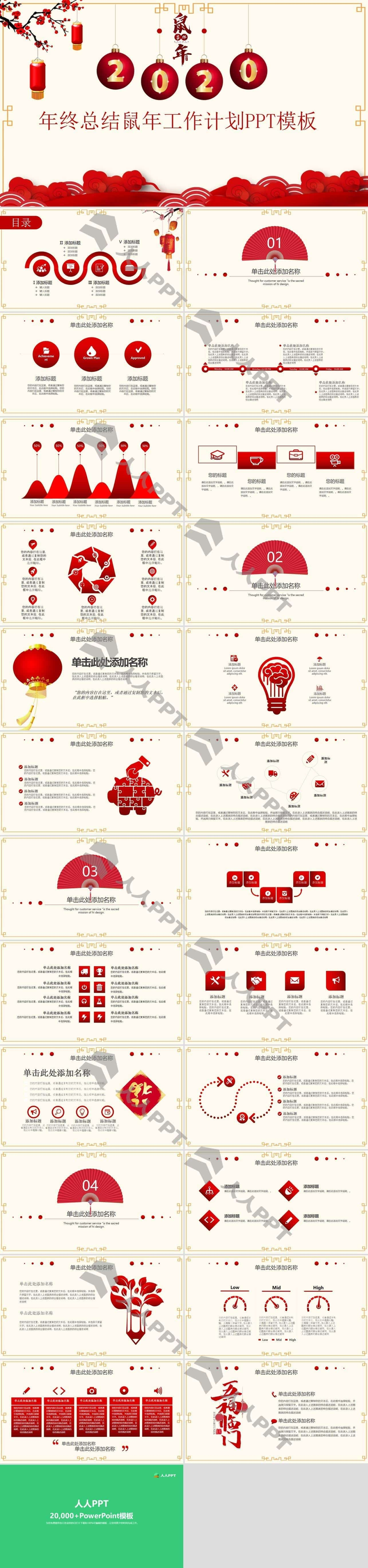 大气喜庆红春节主题年终总结鼠年工作计划PPT模板长图