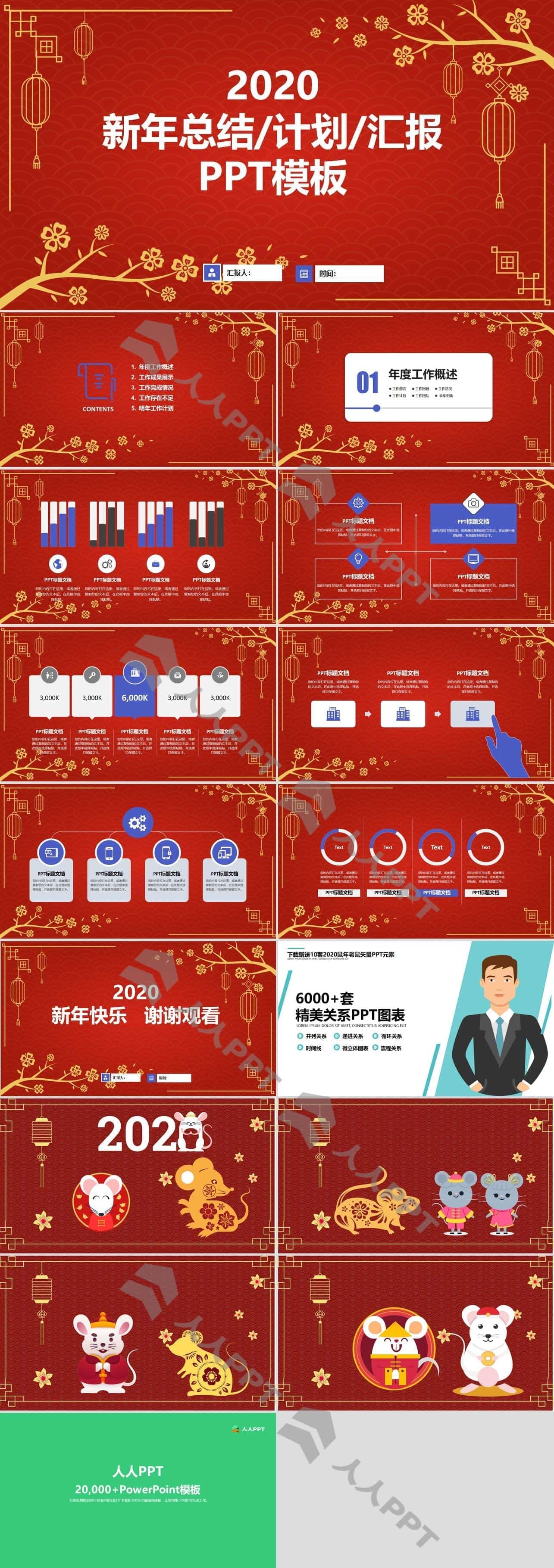 中国红喜庆祥云背景大气极简春节主题PPT模板长图