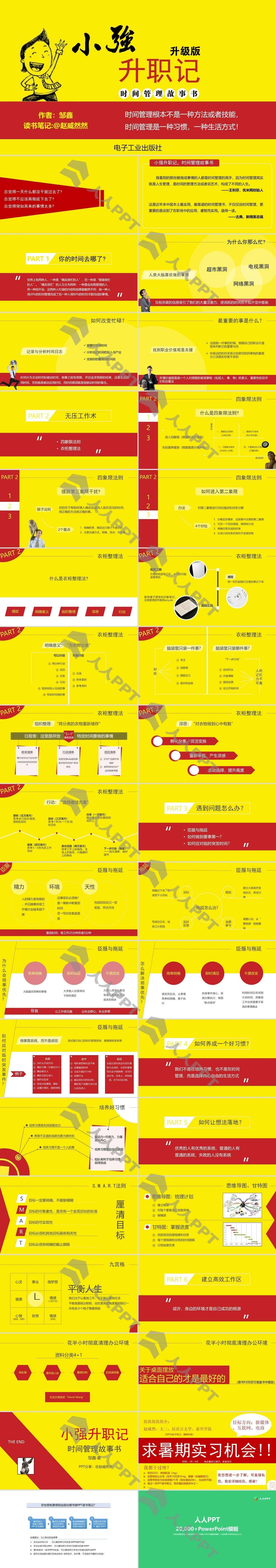 《小强升职记》扁平化红黄设计读书笔记PPT模板长图