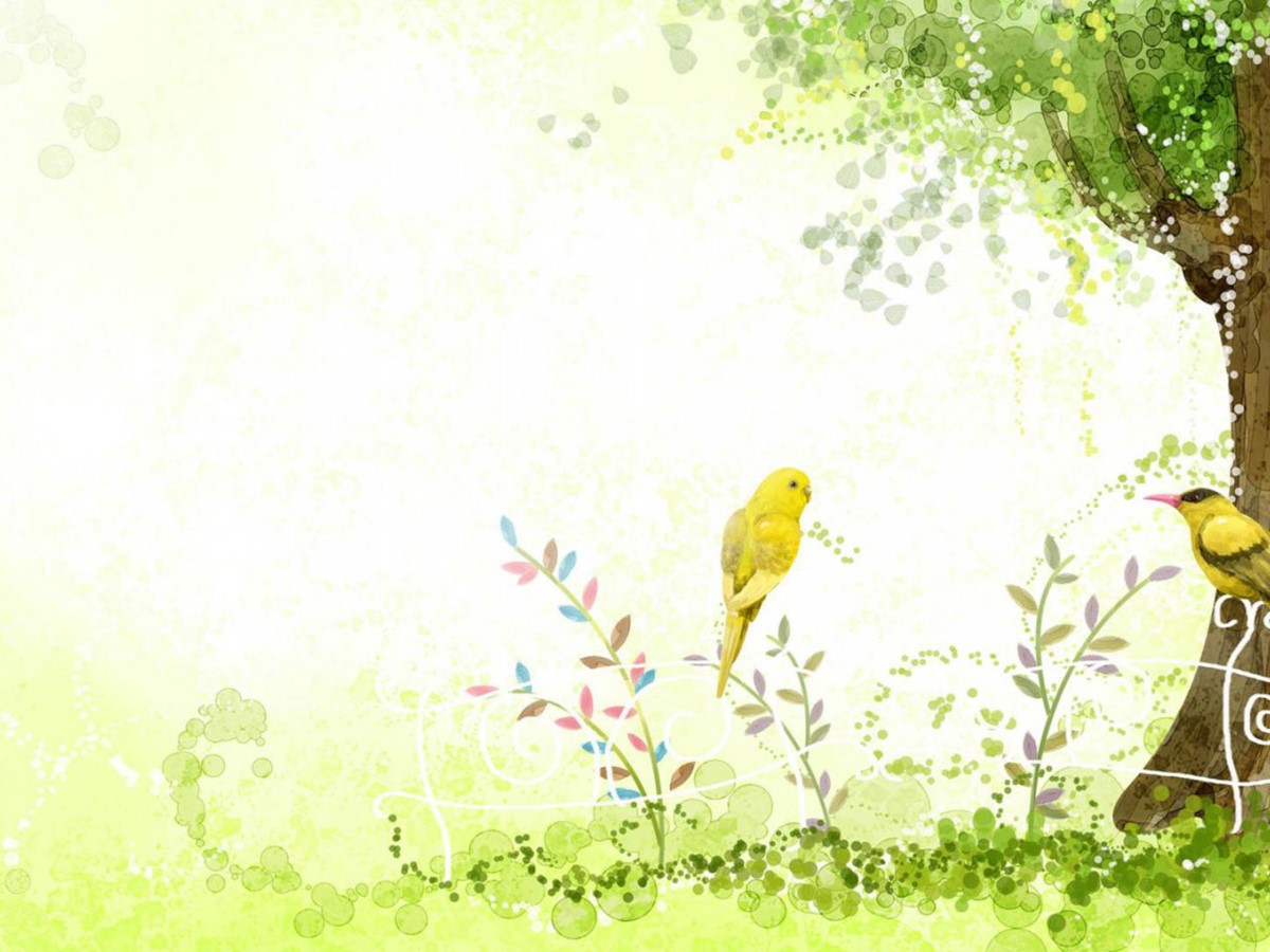彩绘春天小鸟PPT背景图片 卡通PPT背景图片
