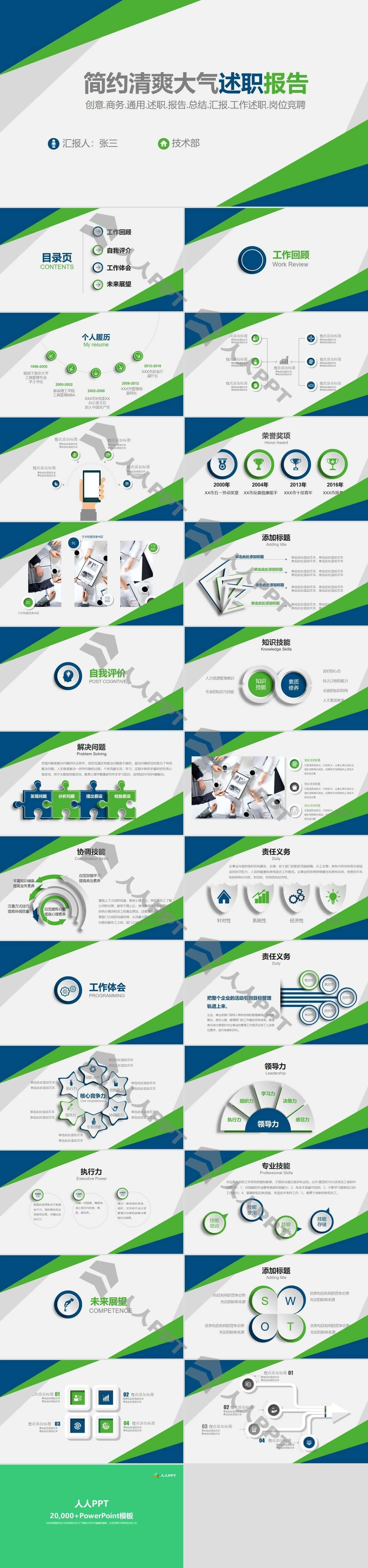 蓝绿小清新几何风完整框架述职报告PPT模板长图