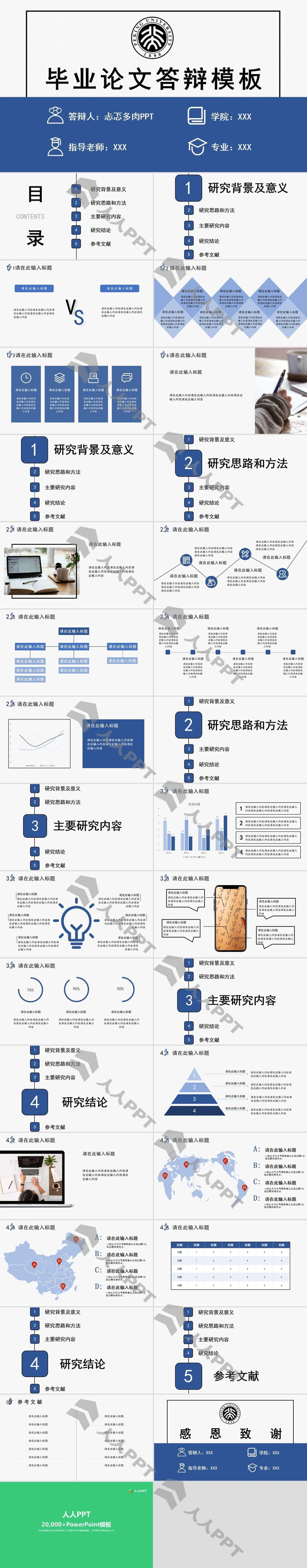 简约蓝学术风毕业论文答辩通用PPT模板长图