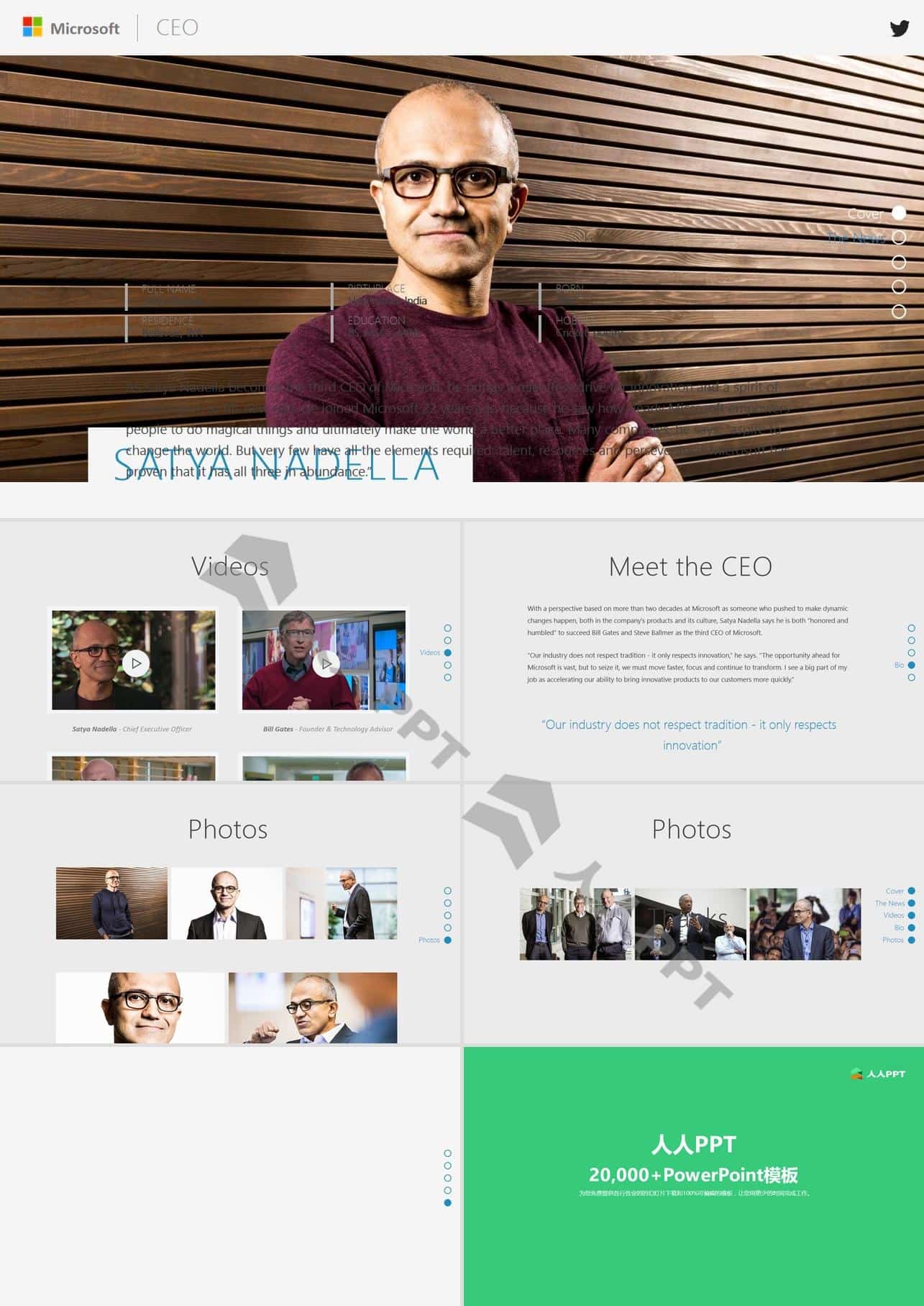微软CEO Satya Nadella仿网站风格高大上个人简介PPT 动画版长图