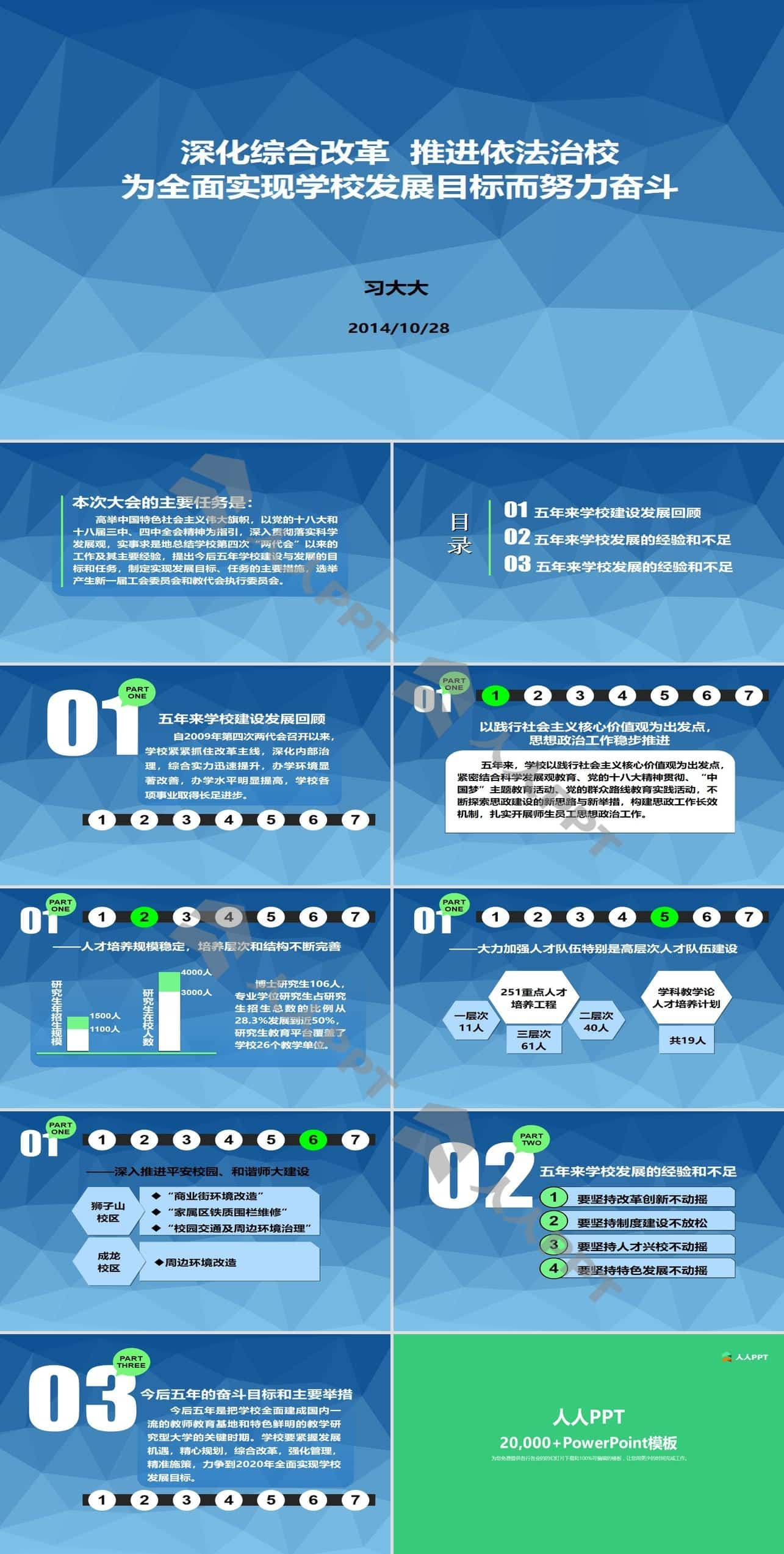 low poly蓝色背景依法治校工作总结汇报PPT模板长图