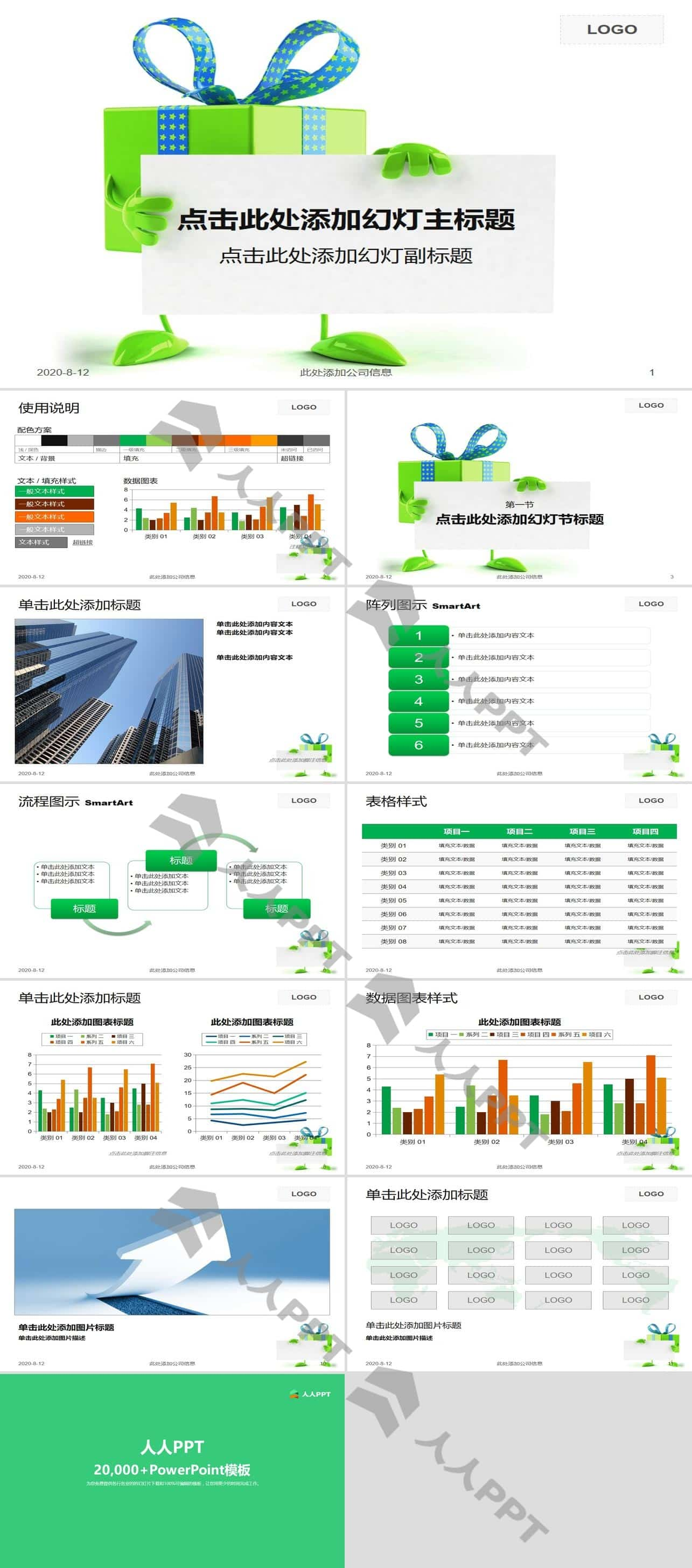 绿色环保大礼包祝福贺卡PPT模板长图