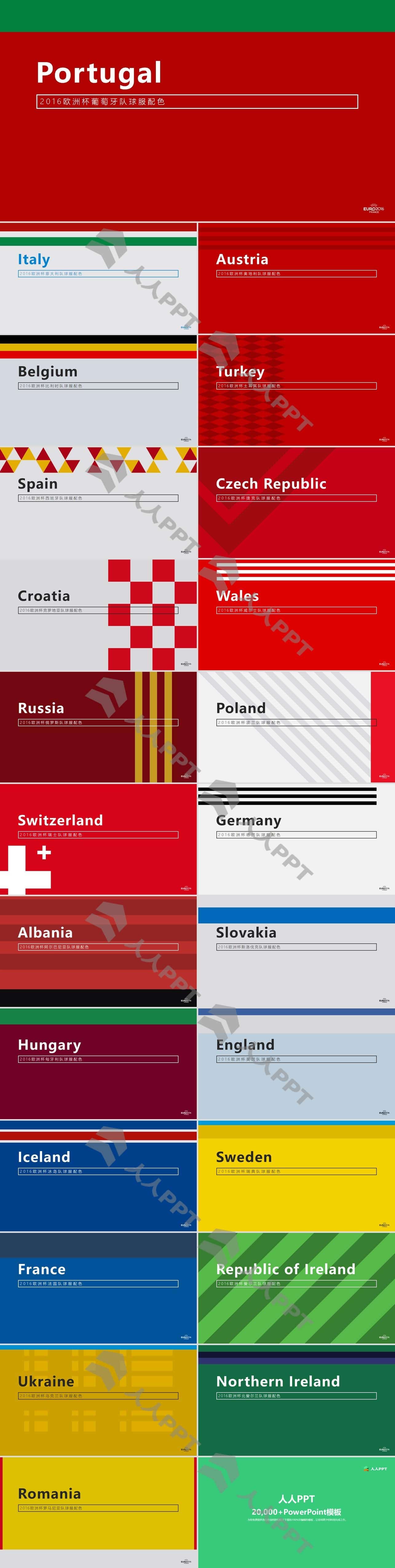 24个国家欧洲杯球服配色简约PPT模板长图
