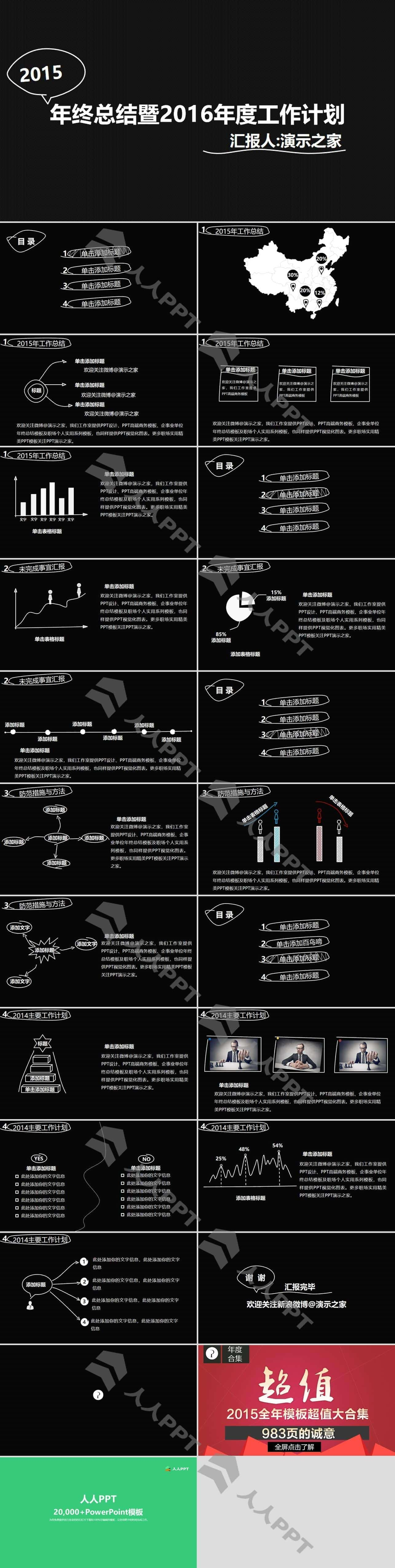 线条手绘简约精美工作总结与计划PPT模板长图