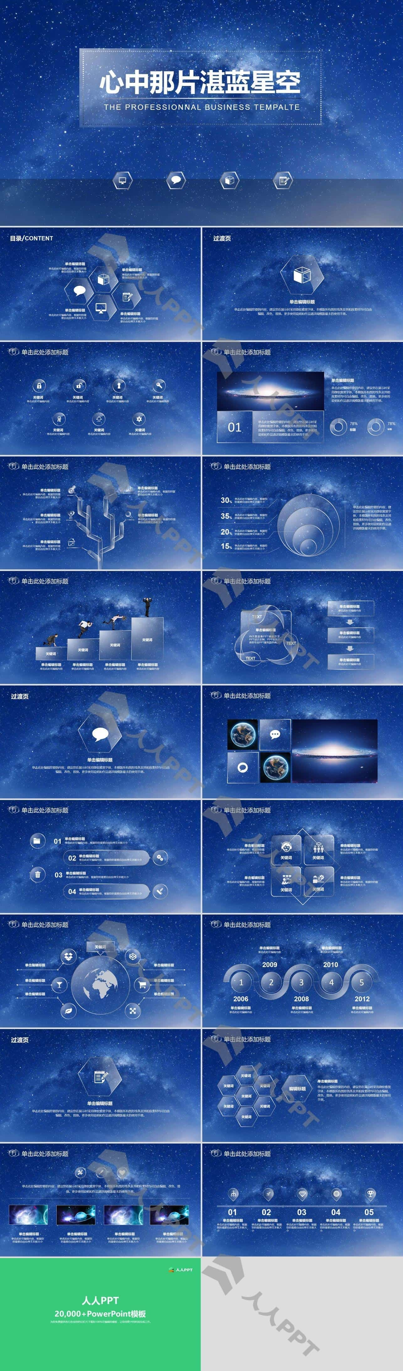 唯美梦幻蓝色星空背景半透明设计iOS风PPT模板长图