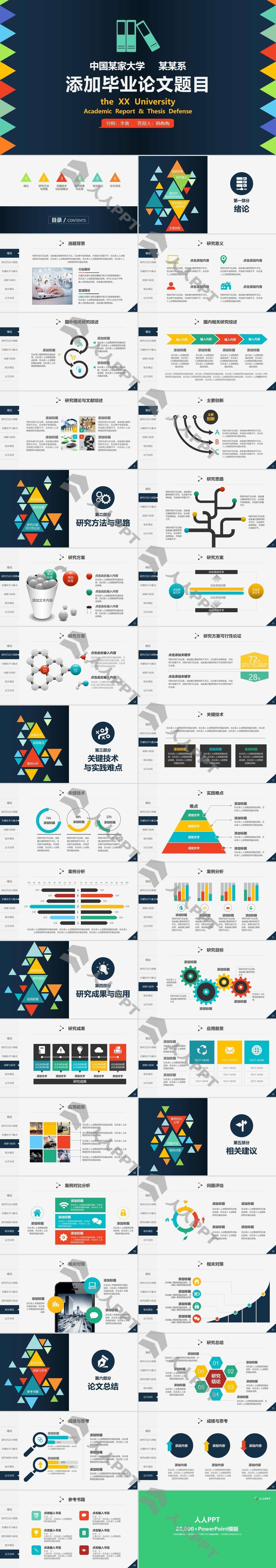 彩色三角形创意扁平化精美通用论文答辩PPT模板长图