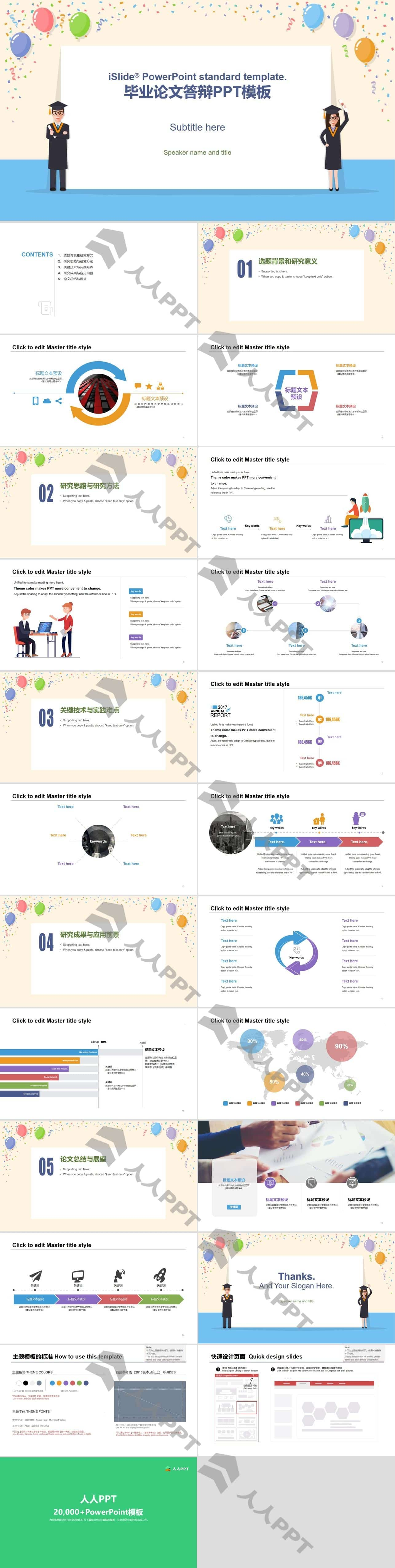 气球彩带为毕业欢呼――卡通风应届生论文答辩通用PPT模板长图