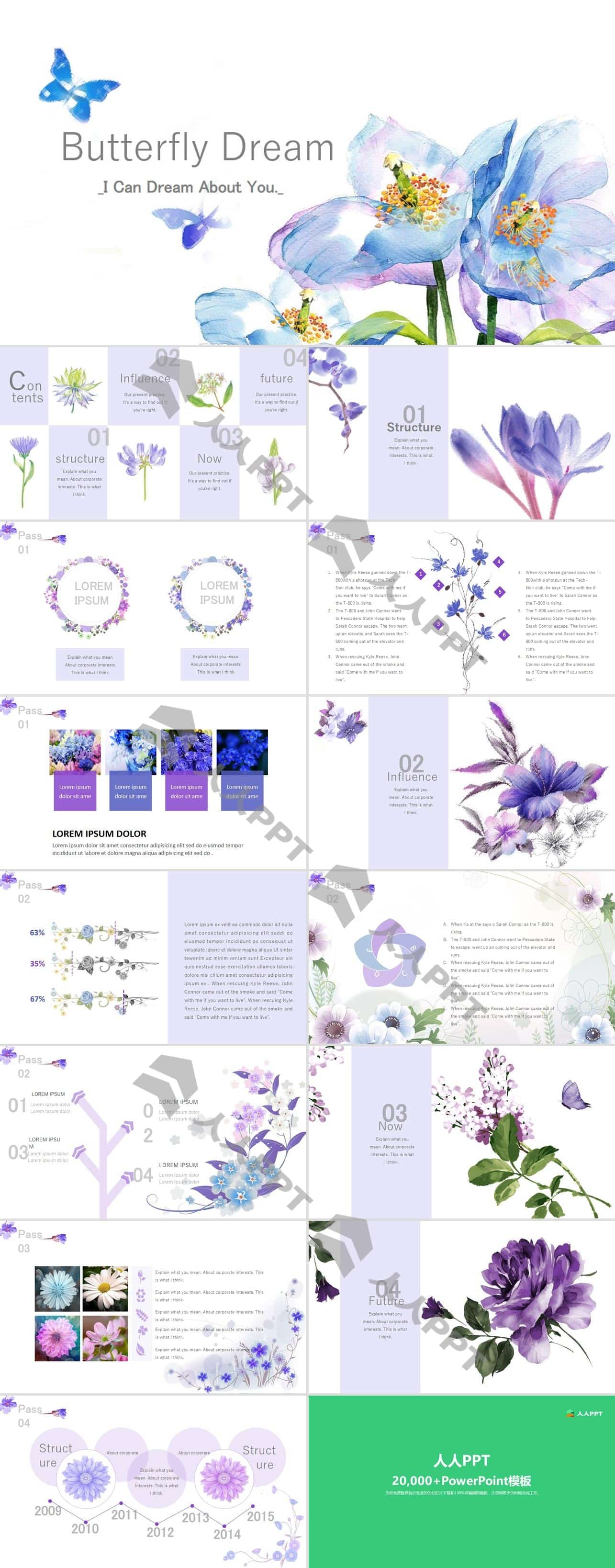 蓝紫亮丽色彩花朵水彩画小清新唯美风PPT模板长图