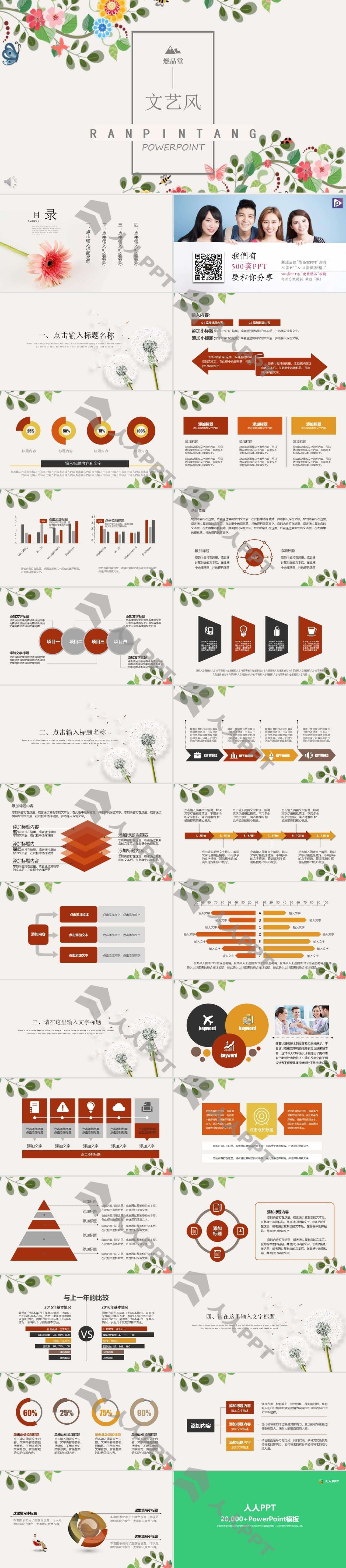 矢量卡通植物藤蔓花卉小清新文艺风PPT模板长图