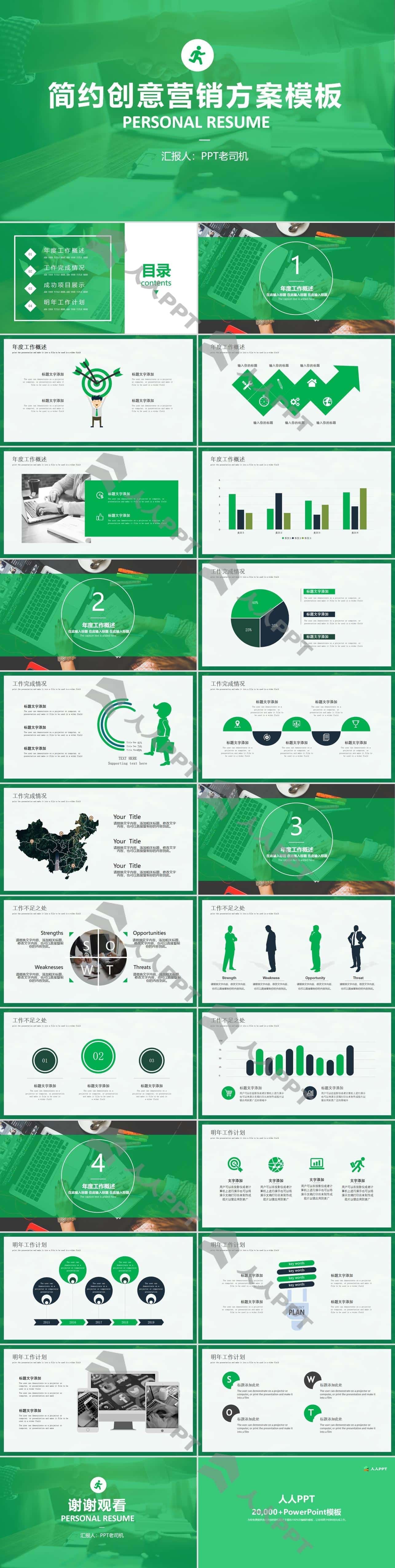 绿色简约扁平创意营销方案PPT模板长图