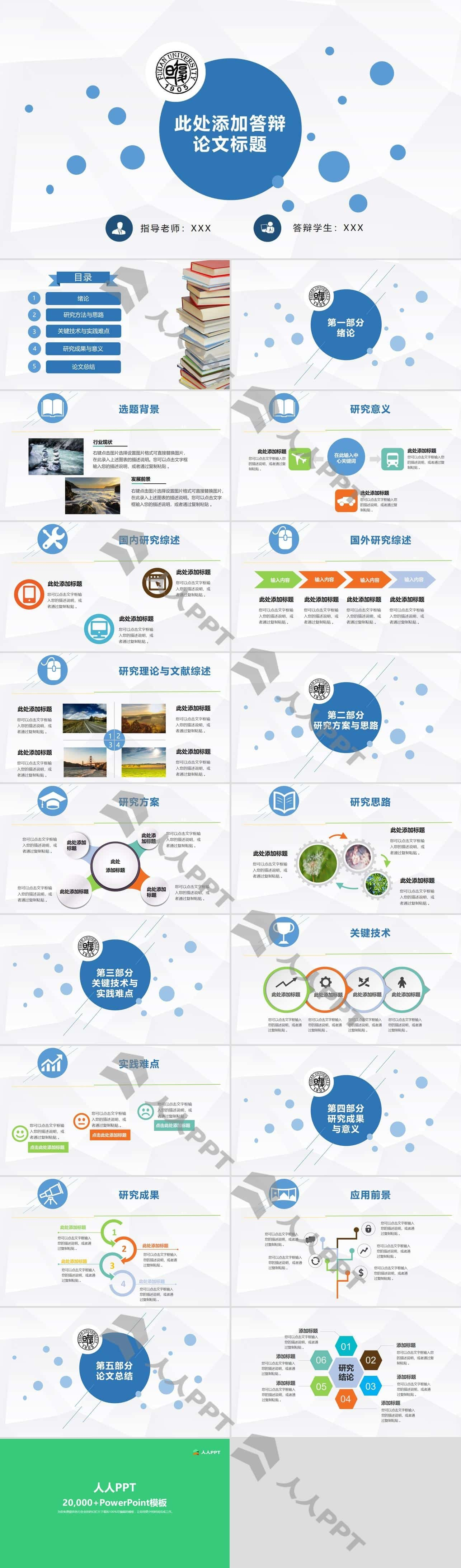 圆点线条创意学术型蓝白清新论文答辩通用PPT模板长图