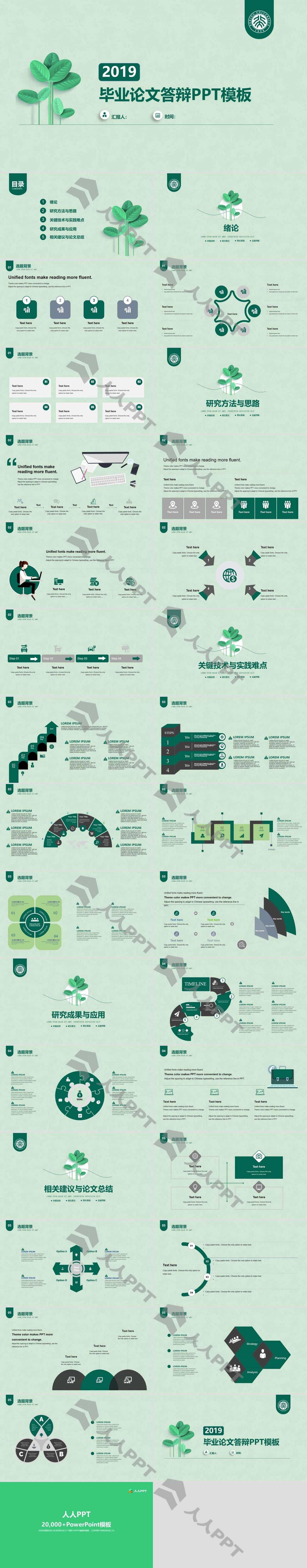 绿叶小清新简约毕业学术论文答辩PPT模板长图