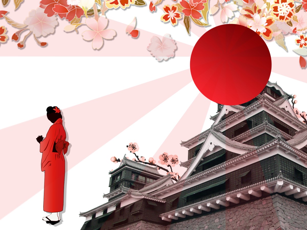 精美动态的日本樱花建筑背景PowerPoint模板