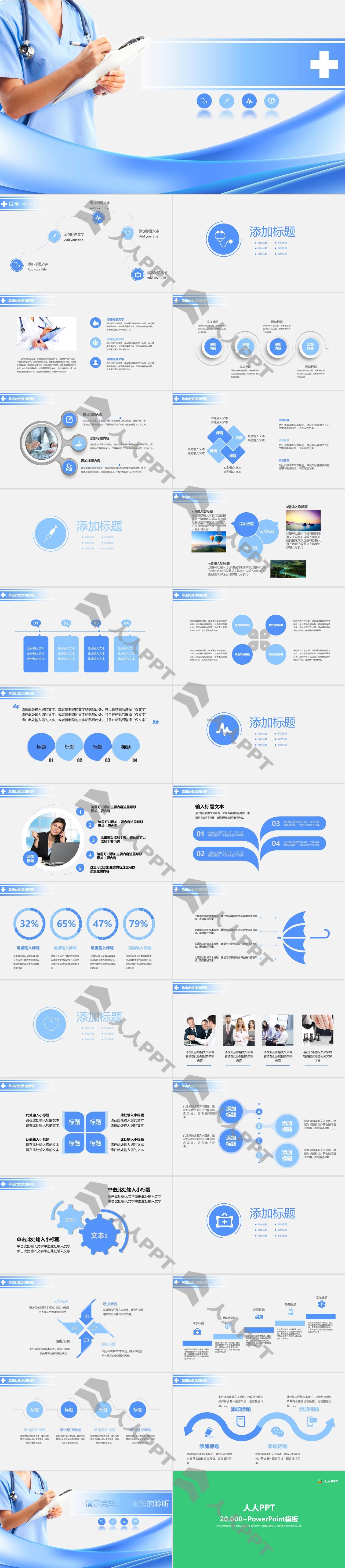 蓝色医生护士背景的医院PPT模板下载长图