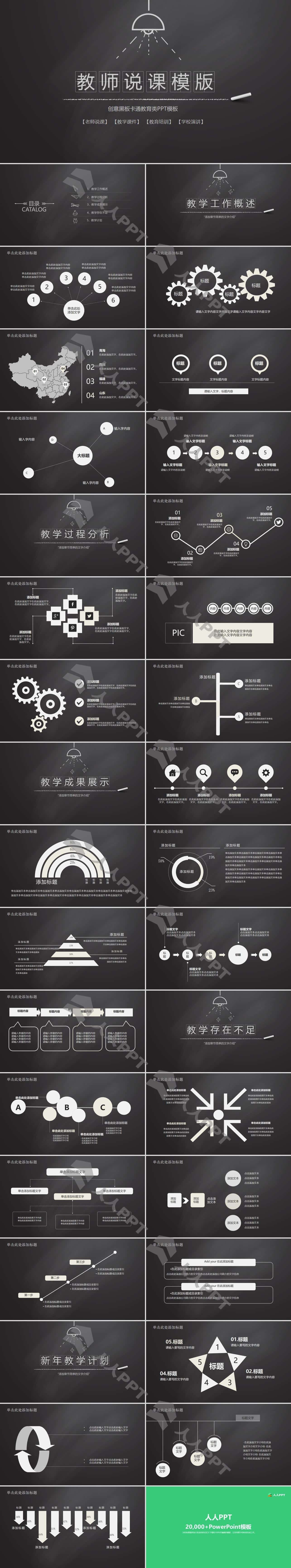 黑板背景粉笔手绘风格教师说课通用PPT模板长图