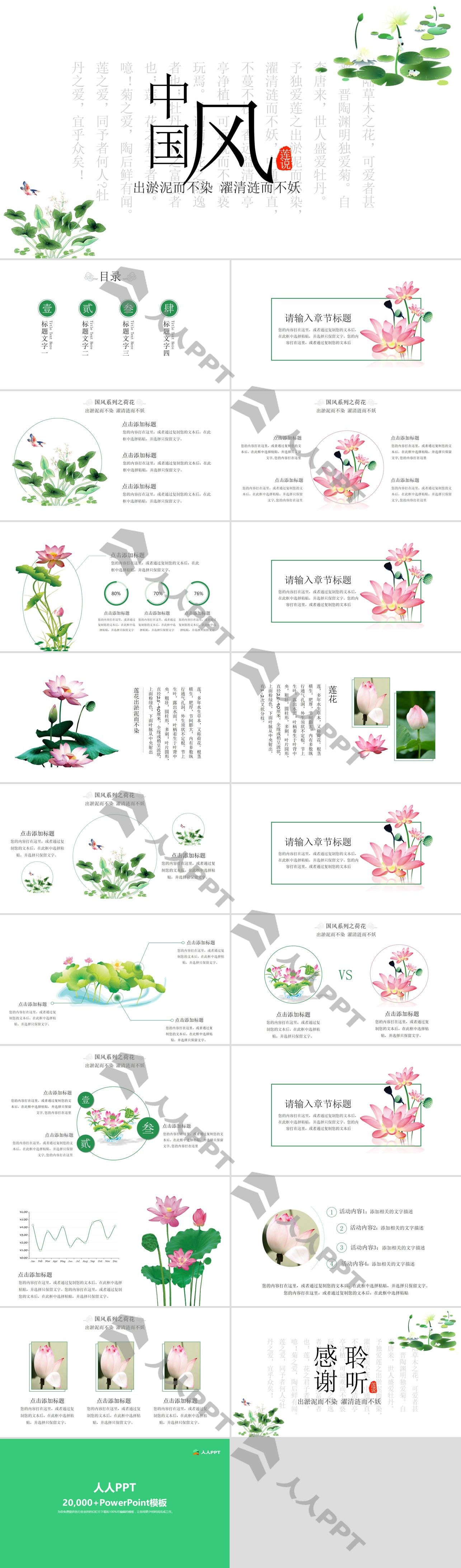 矢量莲花背景的清新中国风PPT模板长图