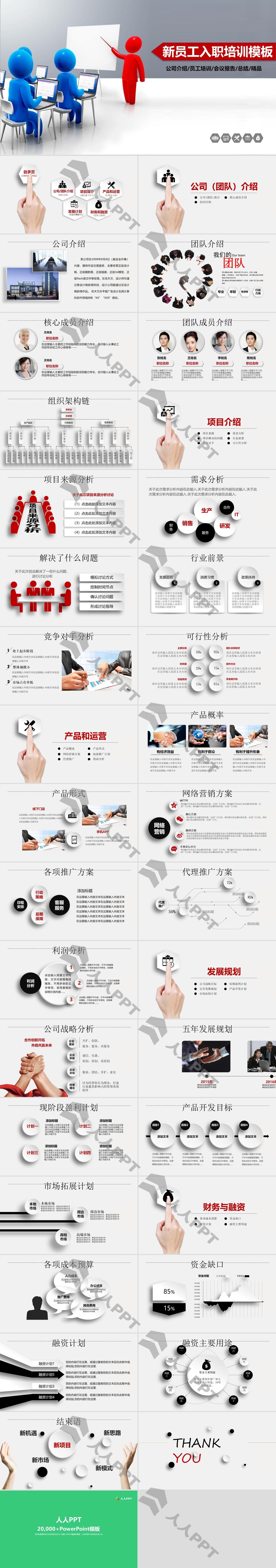 红蓝立体小人背景的新员工入职培训PPT模板长图