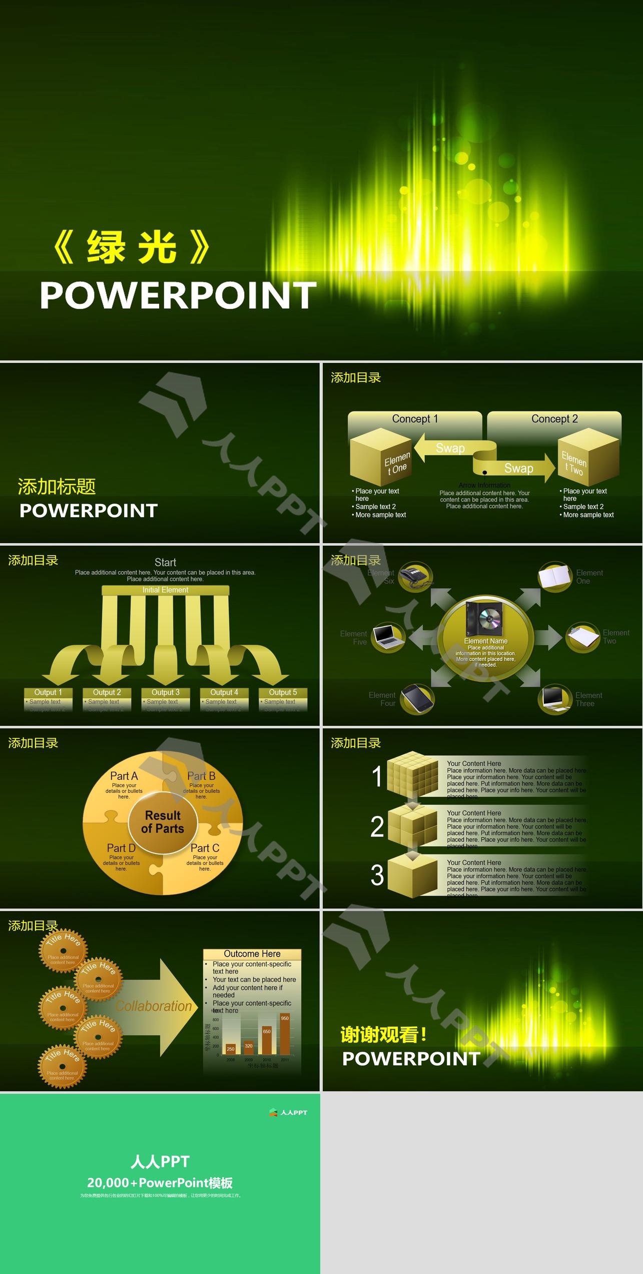 绿色抽象炫彩光线背景的艺术设计幻灯片模板长图