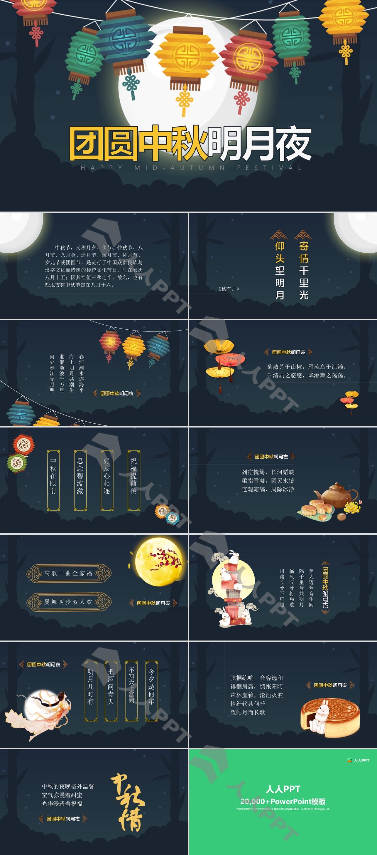 孔明灯背景的团圆中秋明月夜PPT模板长图