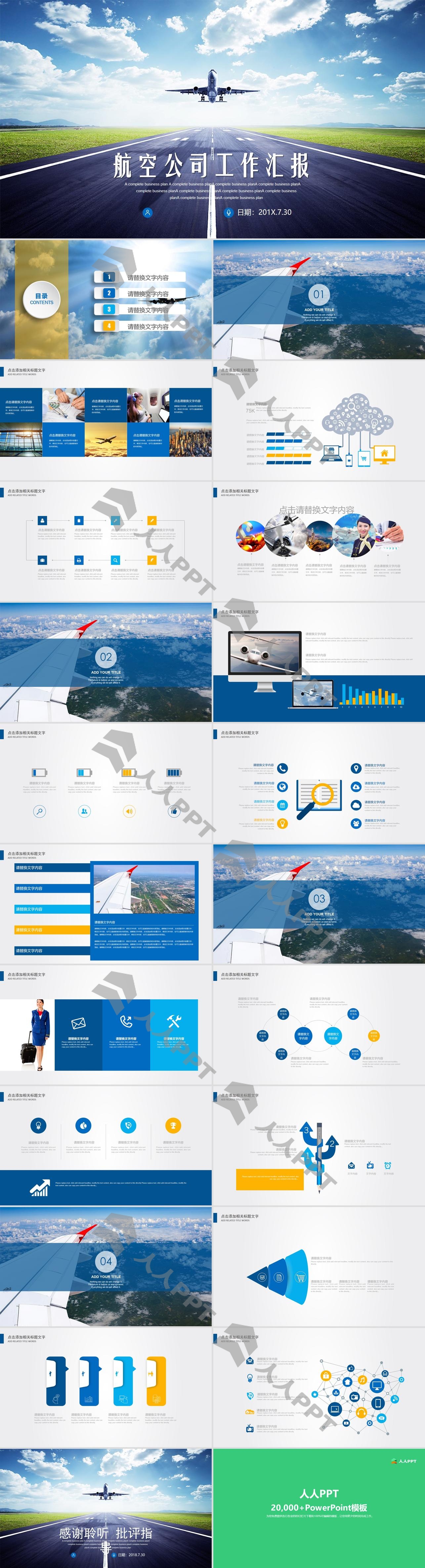 飞机起飞背景的航空公司工作汇报PPT模板长图