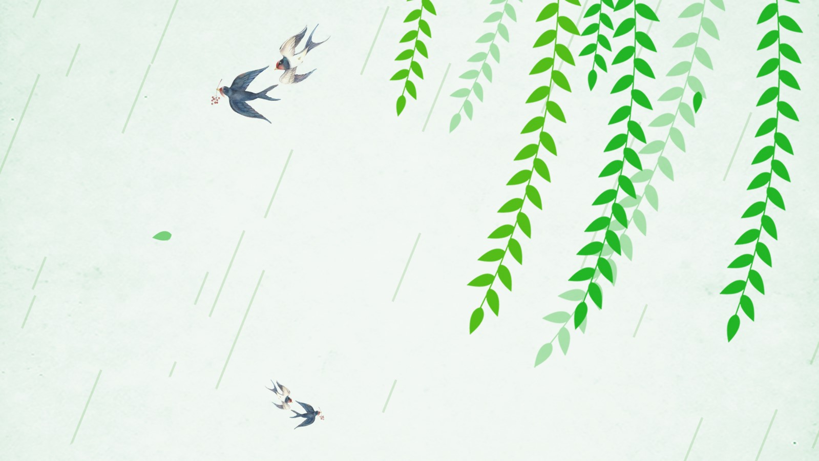 绿色柳条卡通燕子的春天主题PPT背景图片