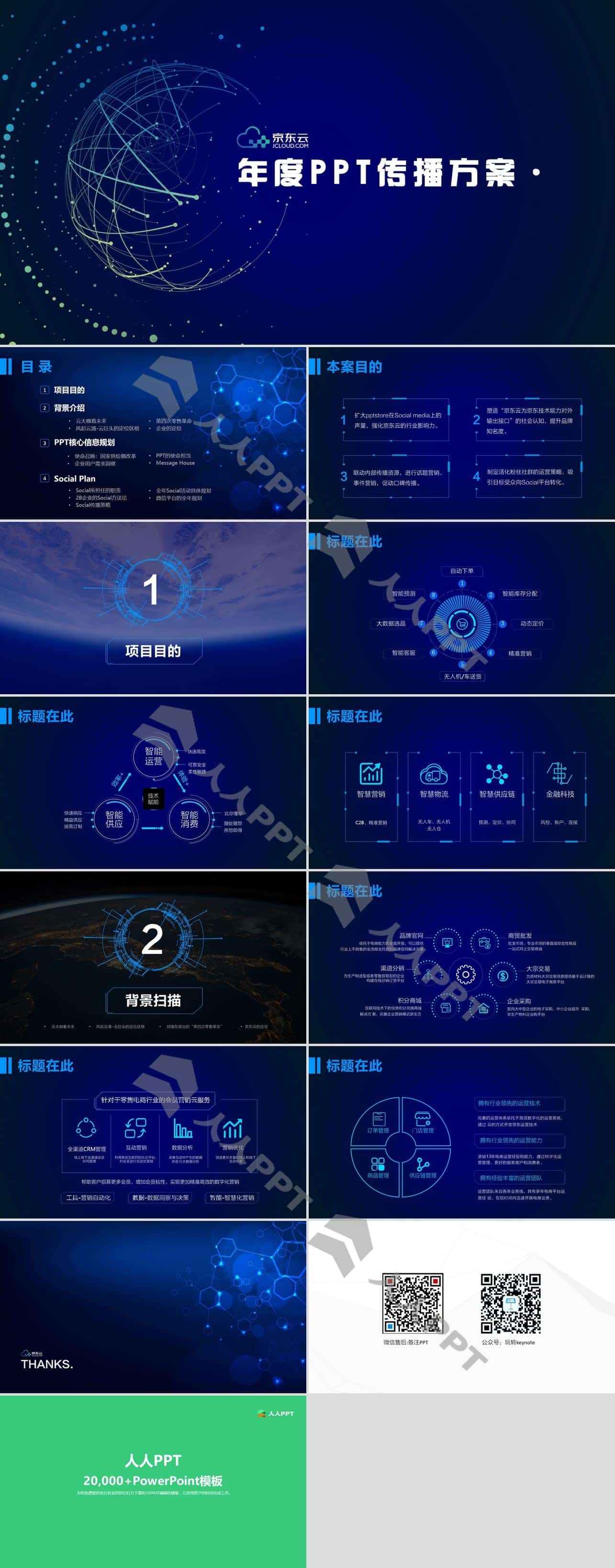 京东云互联网产品年度传播方案蓝色科技PPT模板长图