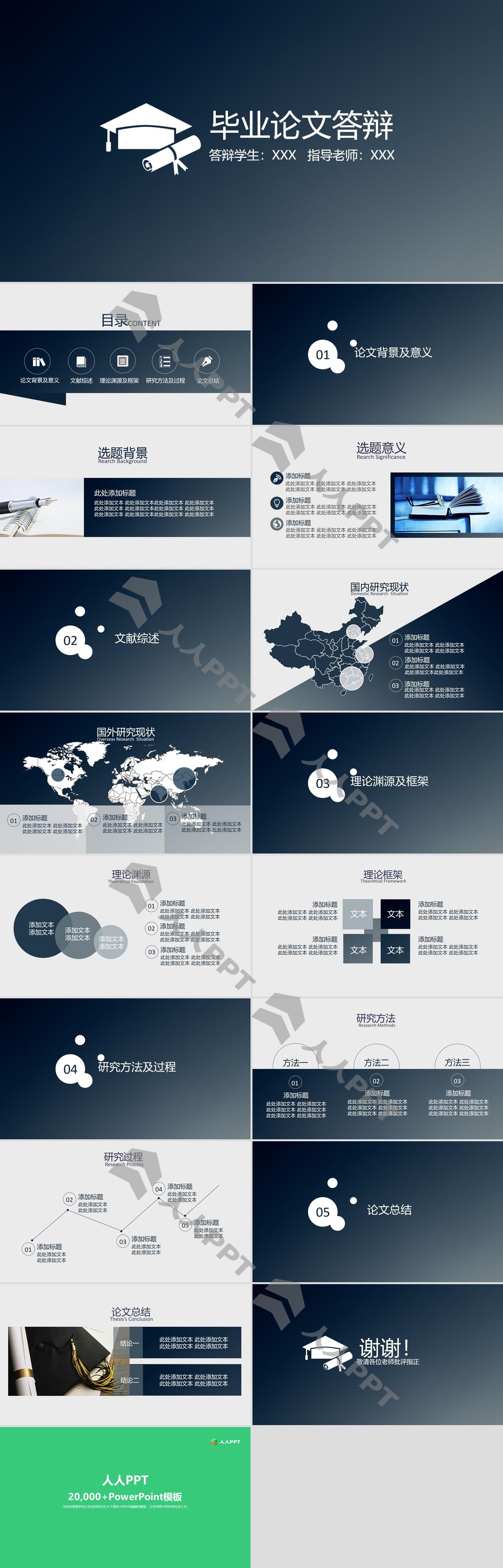 博士帽与答卷图标简约论文答辩通用ppt模板长图