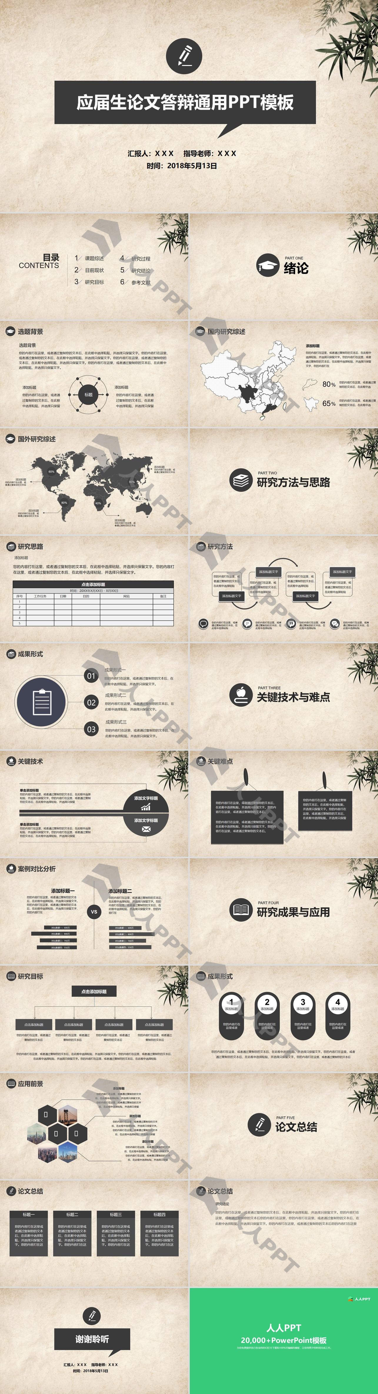 怀旧牛皮纸背景中国风论文答辩通用ppt模板长图