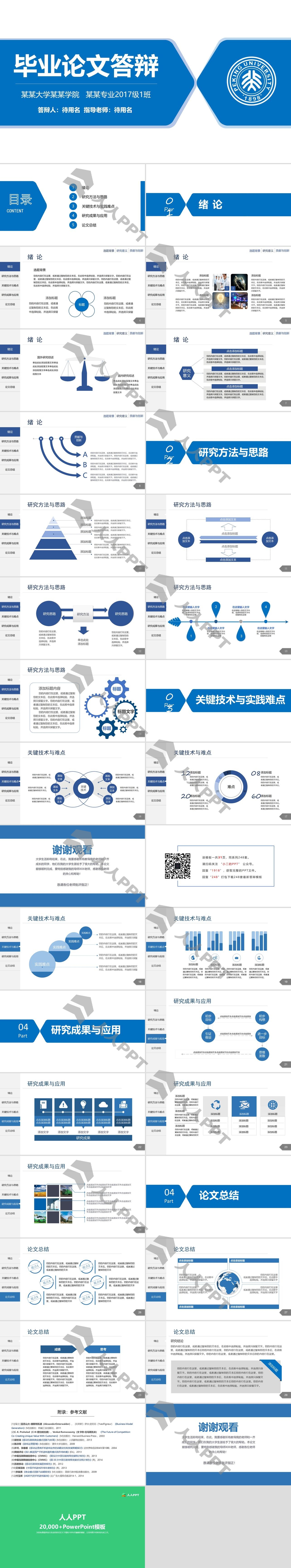 北京大学简约扁平蓝毕业论文答辩ppt模板长图