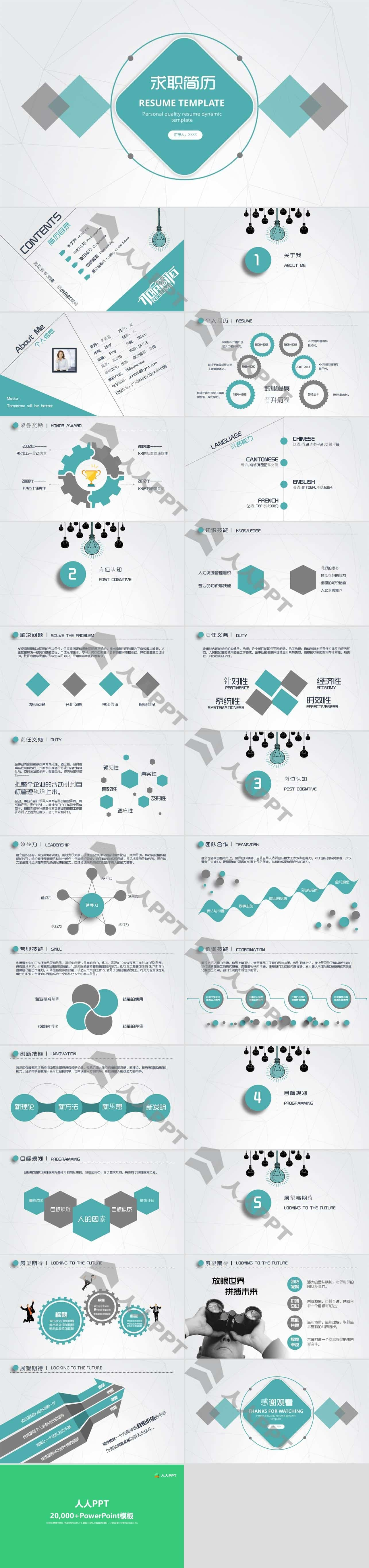 青色简约求职简历PPT模板长图