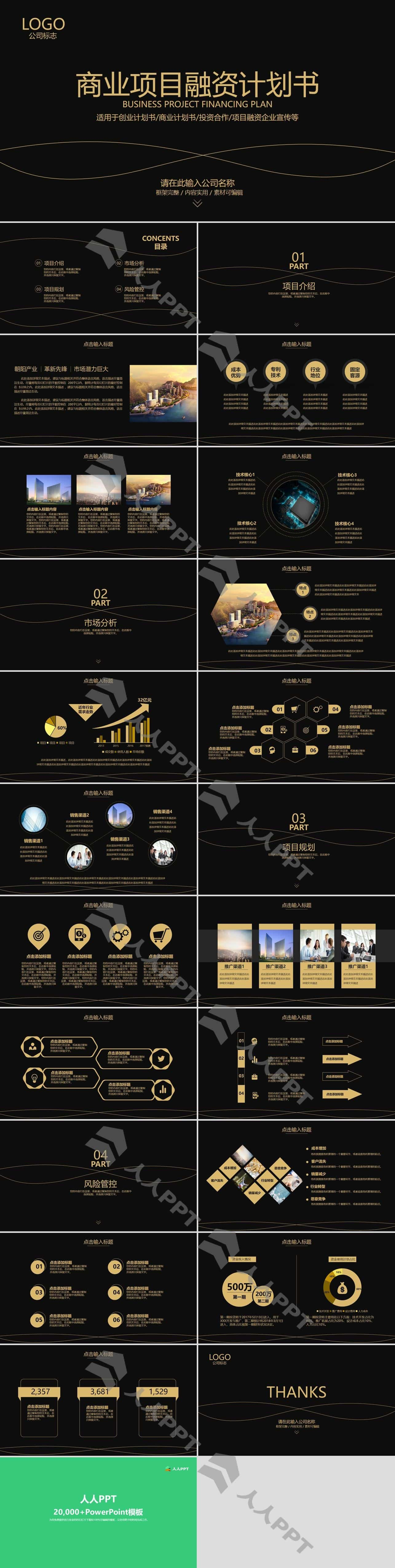 黑金简约线条商业计划书PPT模板长图