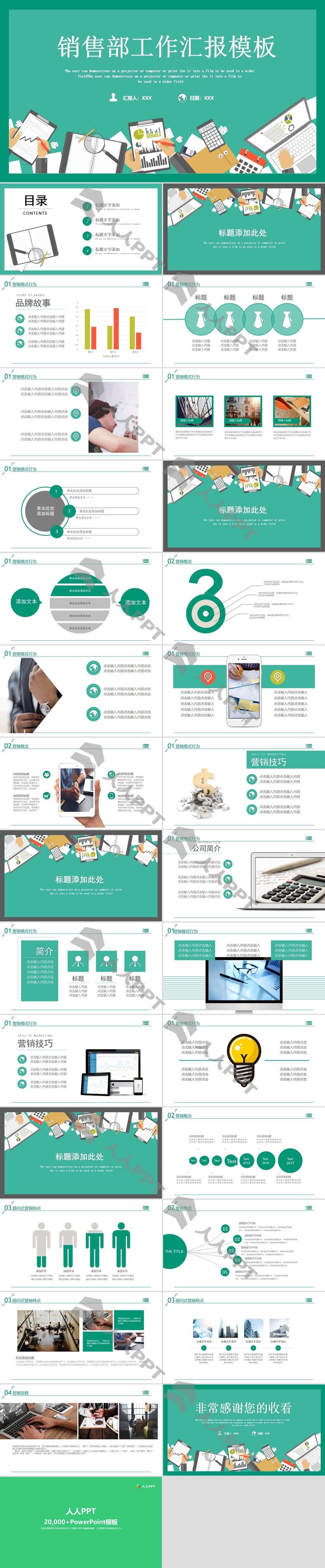 扁平化销售部工作汇报PPT模板长图