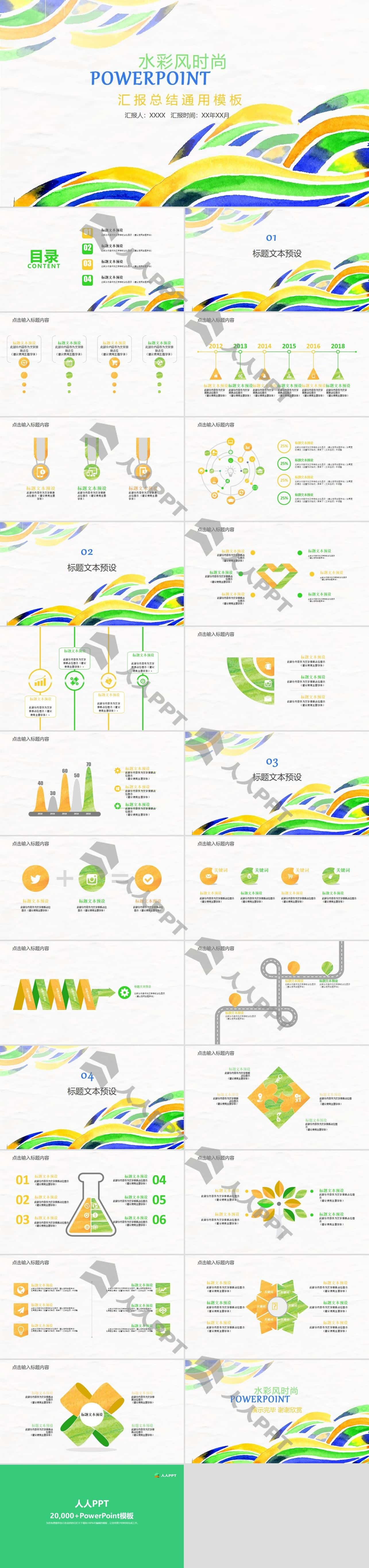 绿色水彩手绘风汇报总结通用PPT模板长图