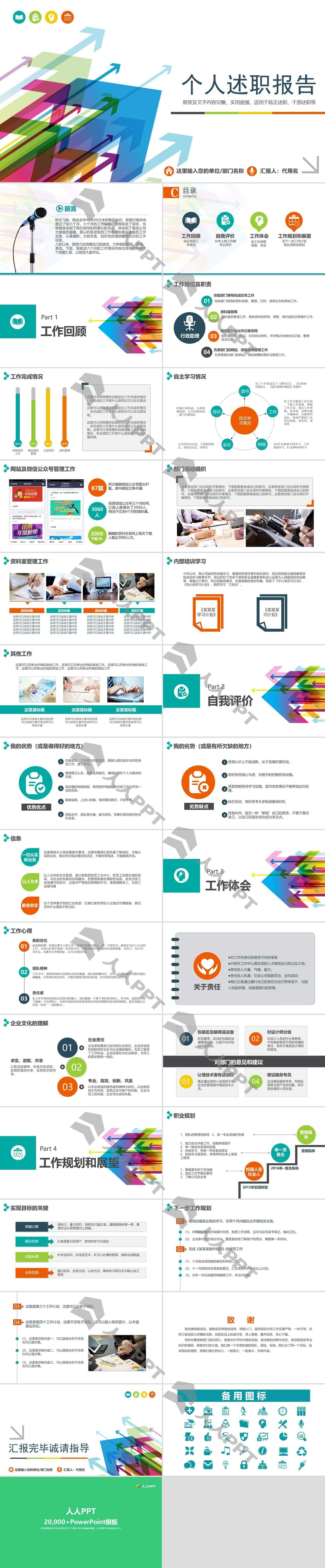 彩色箭头商务个人述职报告PPT模板长图