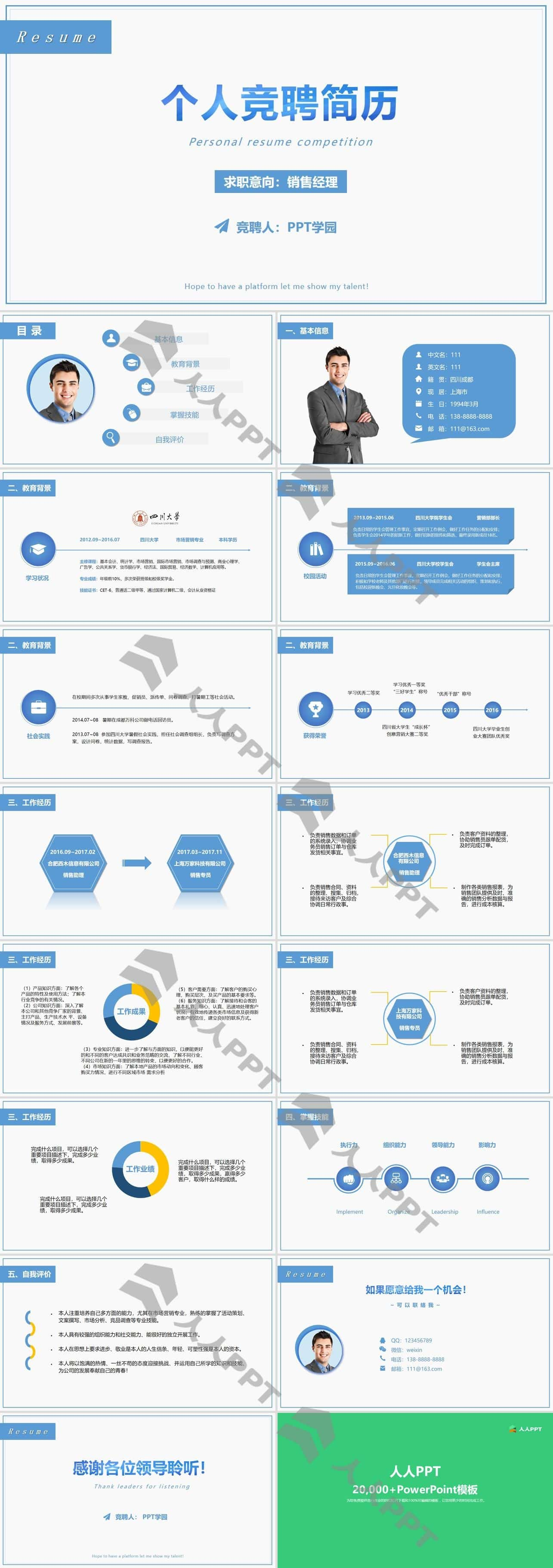蓝色个人竞聘简历PPT模板长图