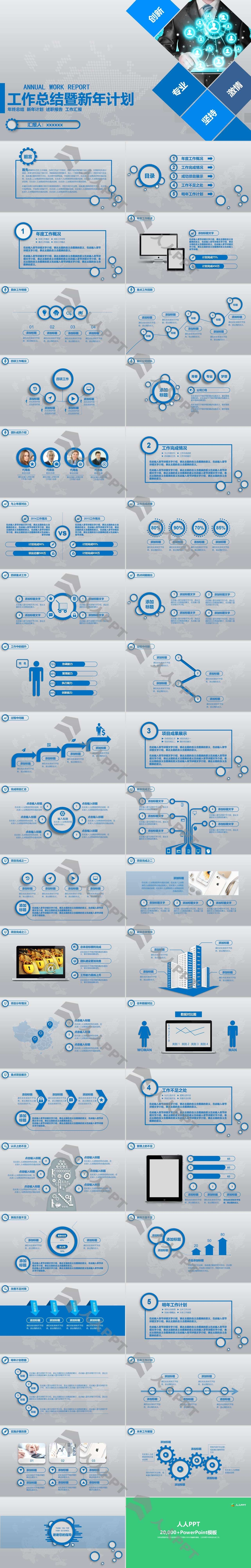 蓝色工作总结暨新年计划PPT模板长图