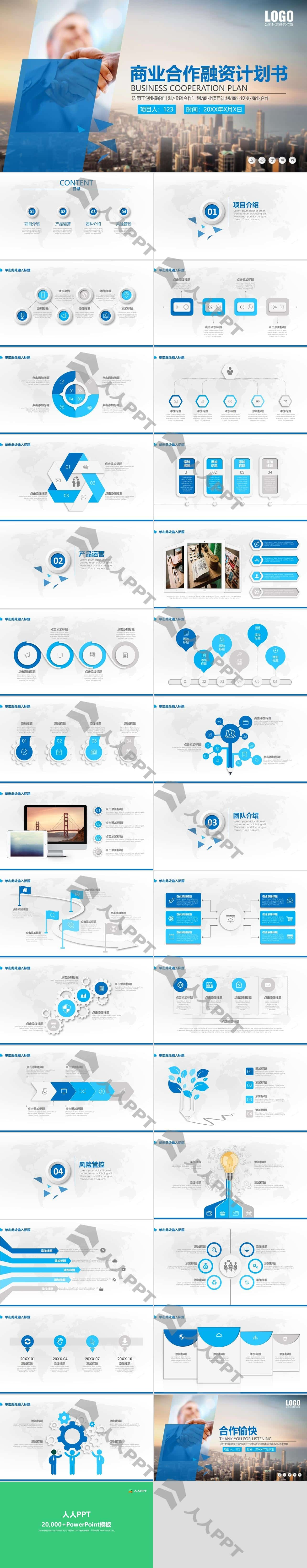 蓝色商业合作融资计划书PPT模板长图