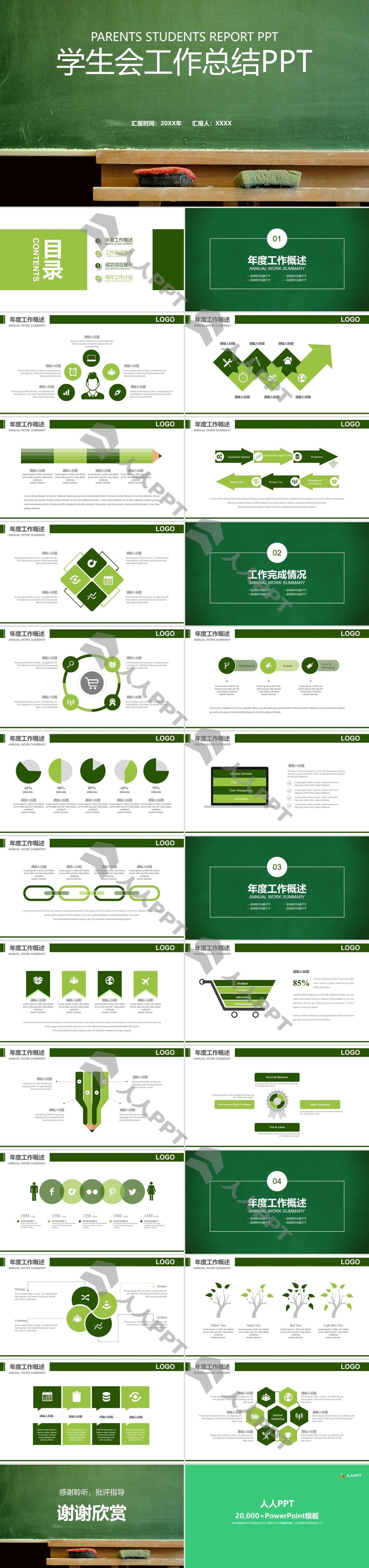 绿色扁平化学生会工作总结PPT模板长图